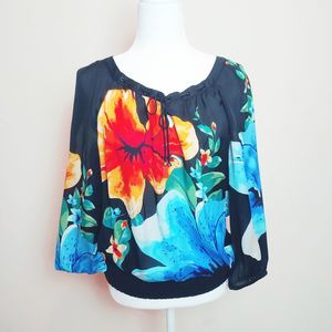 WHBM Silk Black Bright Floral LS Blouse